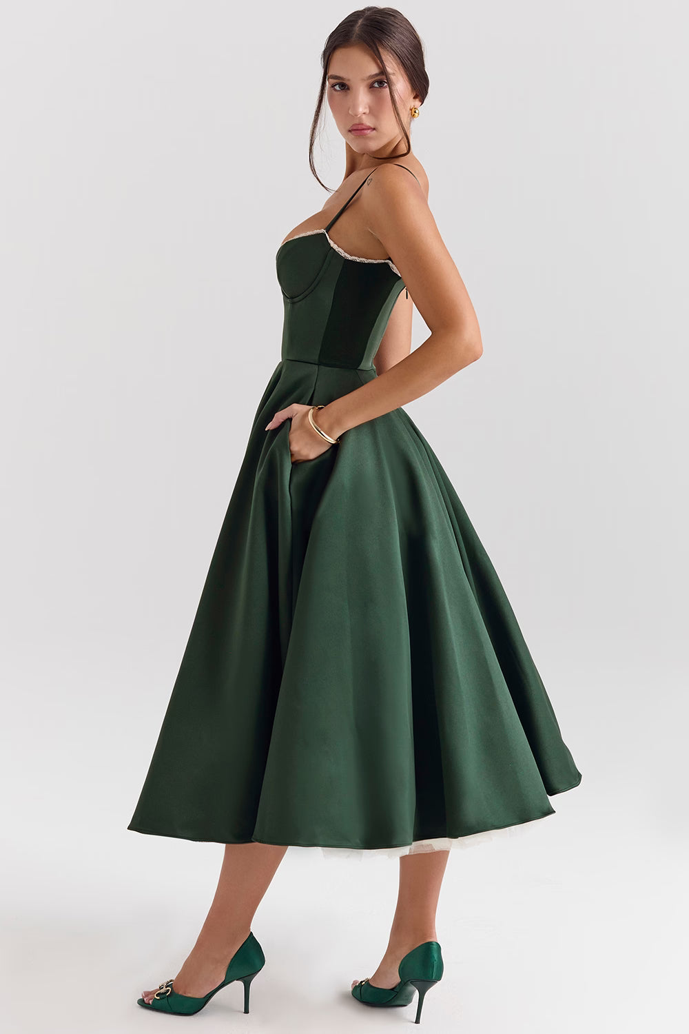 Green Satin Corset Midi Dress