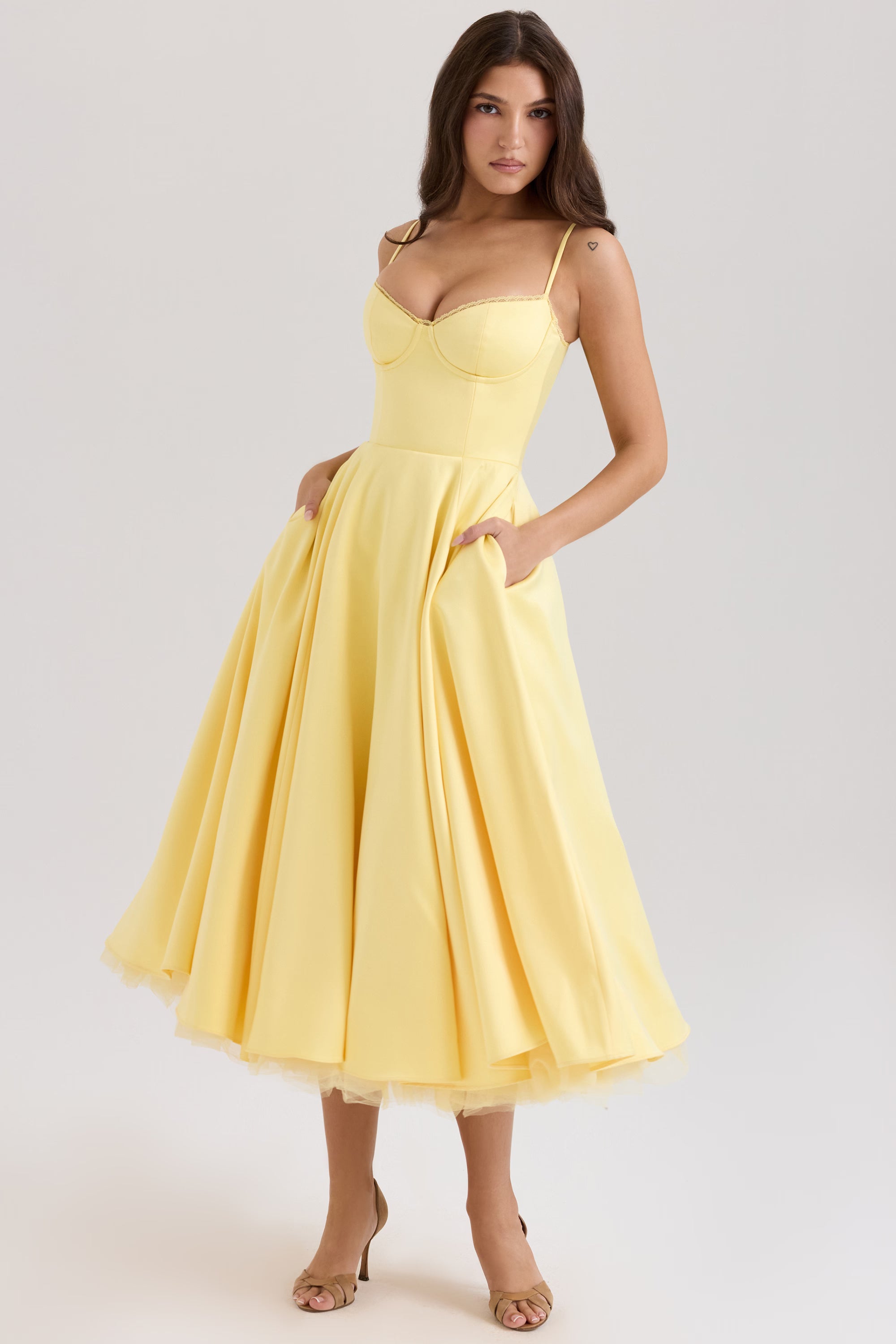 yellow corset midi dress TFNC cotton corset detail cami midi dress in yellow