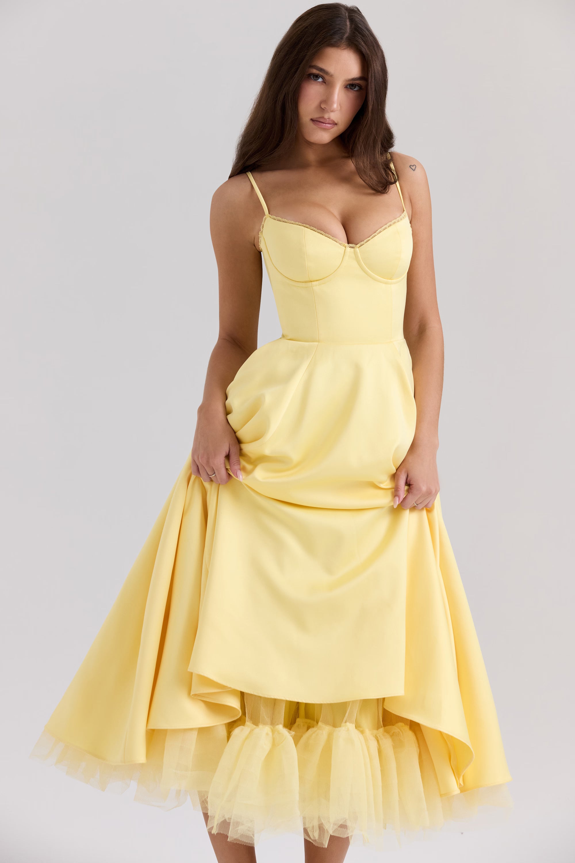 lemon satin midi dress Lulus | Yellow Satin Ruffled Midi Dress | Womens | Large (Available in XL)