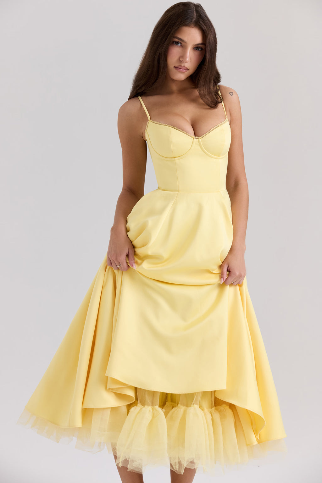 Yellow Satin Corset Midi Dress
