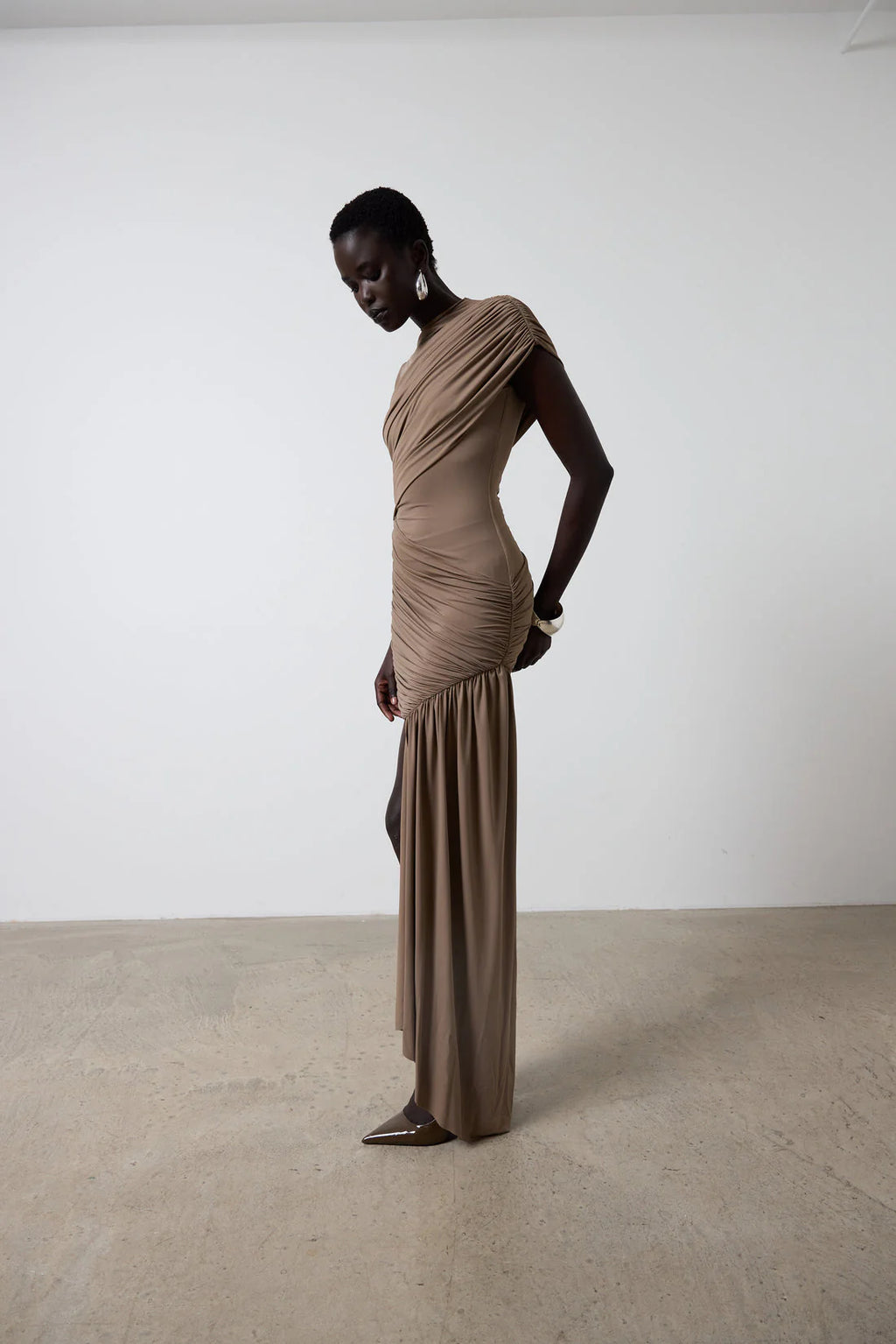 Khaki Whisper Ruched Mini Dress