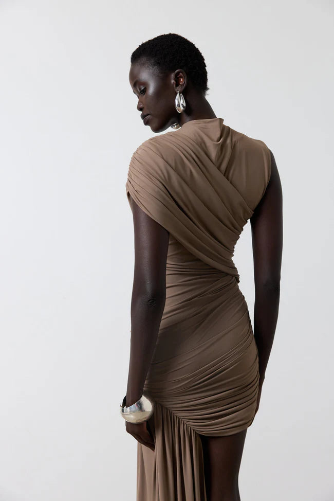 Khaki Whisper Ruched Mini Dress
