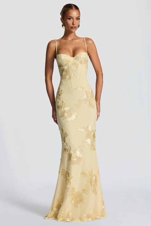 Cream Floral Corset Fishtail Gown