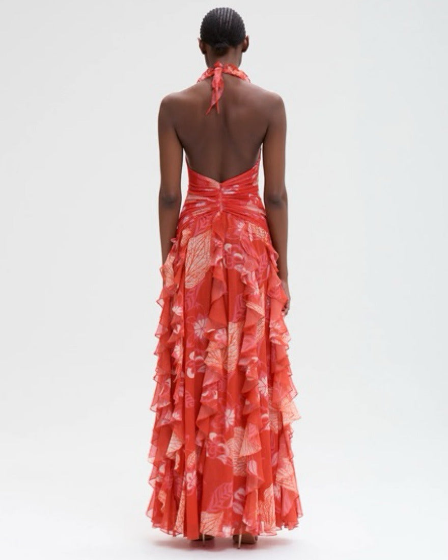 Red Floral Halter Maxi Dress