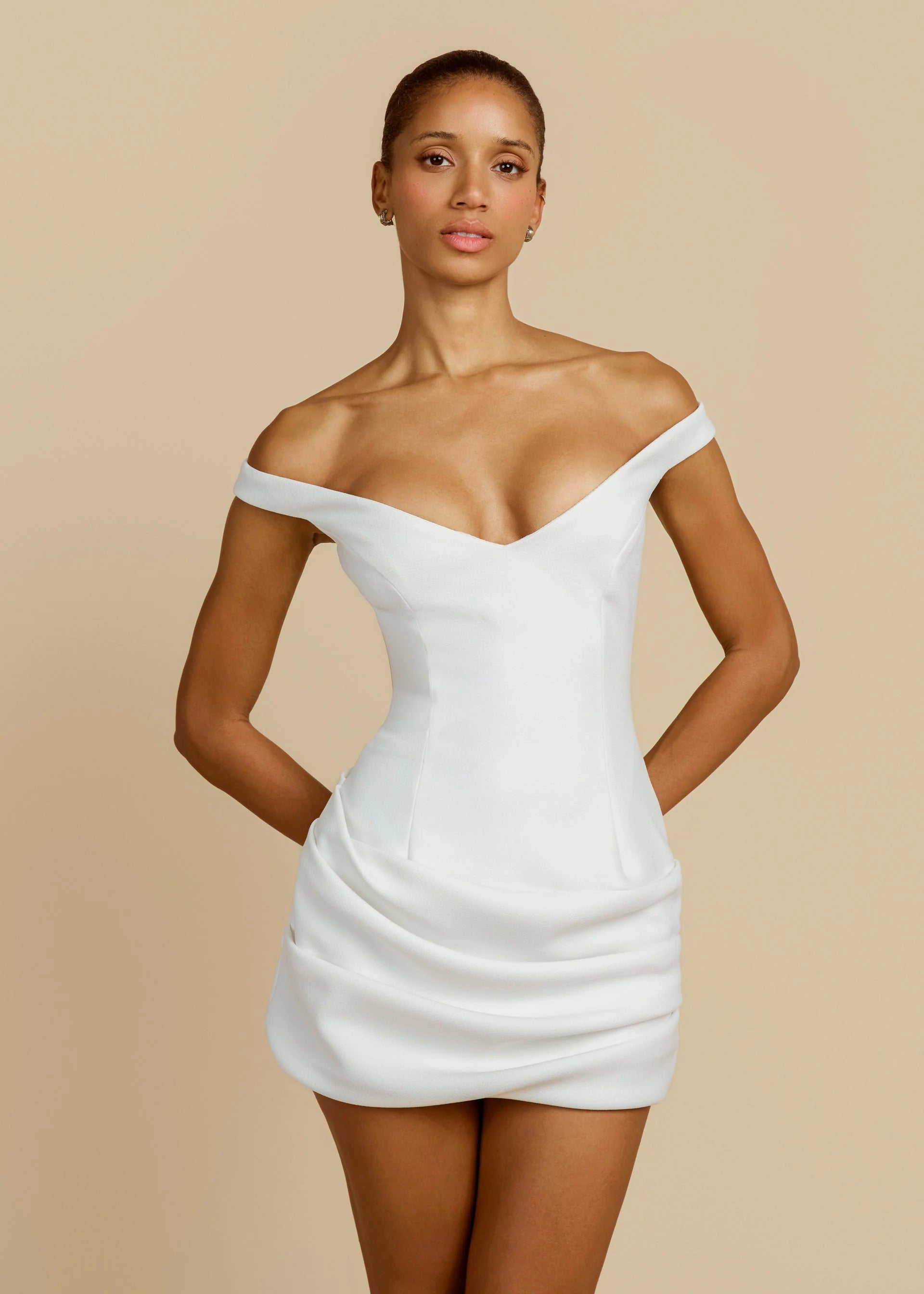 white ruched off the shoulder mini dress Modal Off-Shoulder Ruched Mini Dress in Ivory Oh Polly White : Party Dresses : VogaCloset Oman