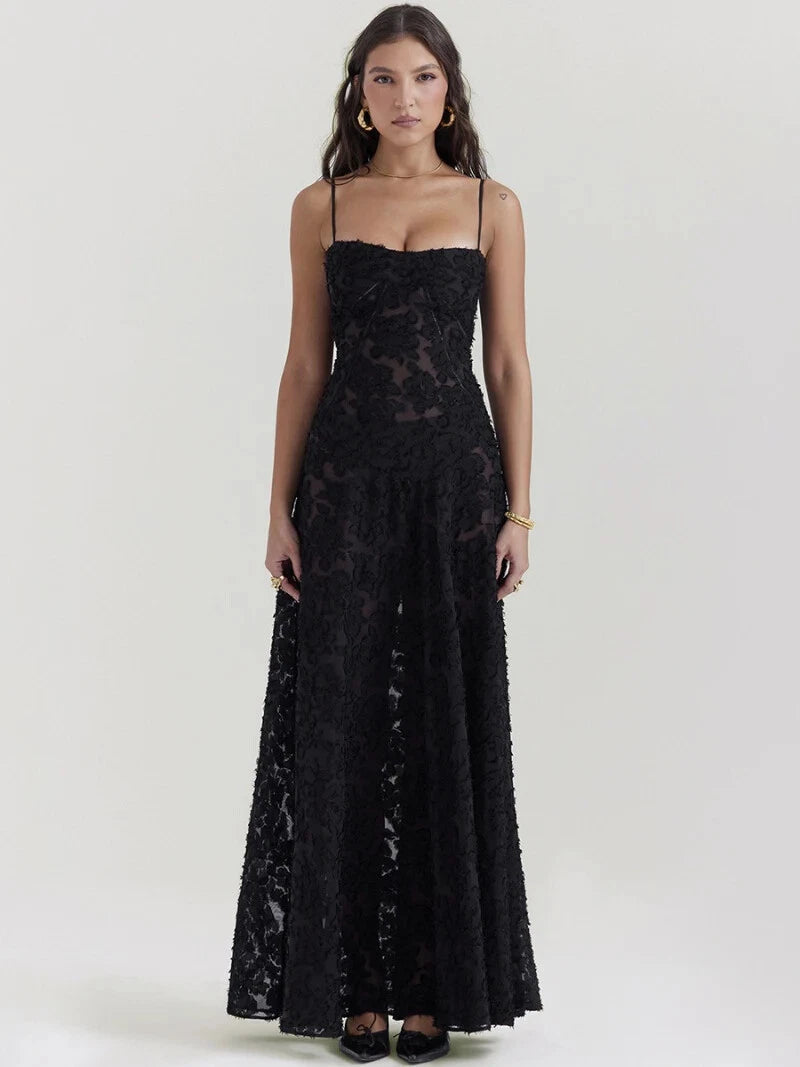 Black Midnight Bloom Lace-Up Maxi Dress