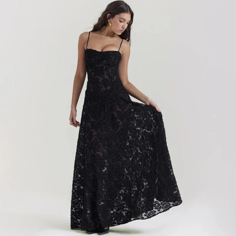 Black Midnight Bloom Lace-Up Maxi Dress