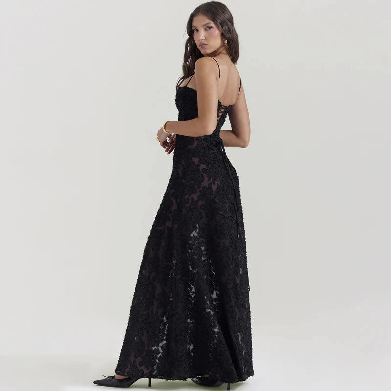 Black Midnight Bloom Lace-Up Maxi Dress