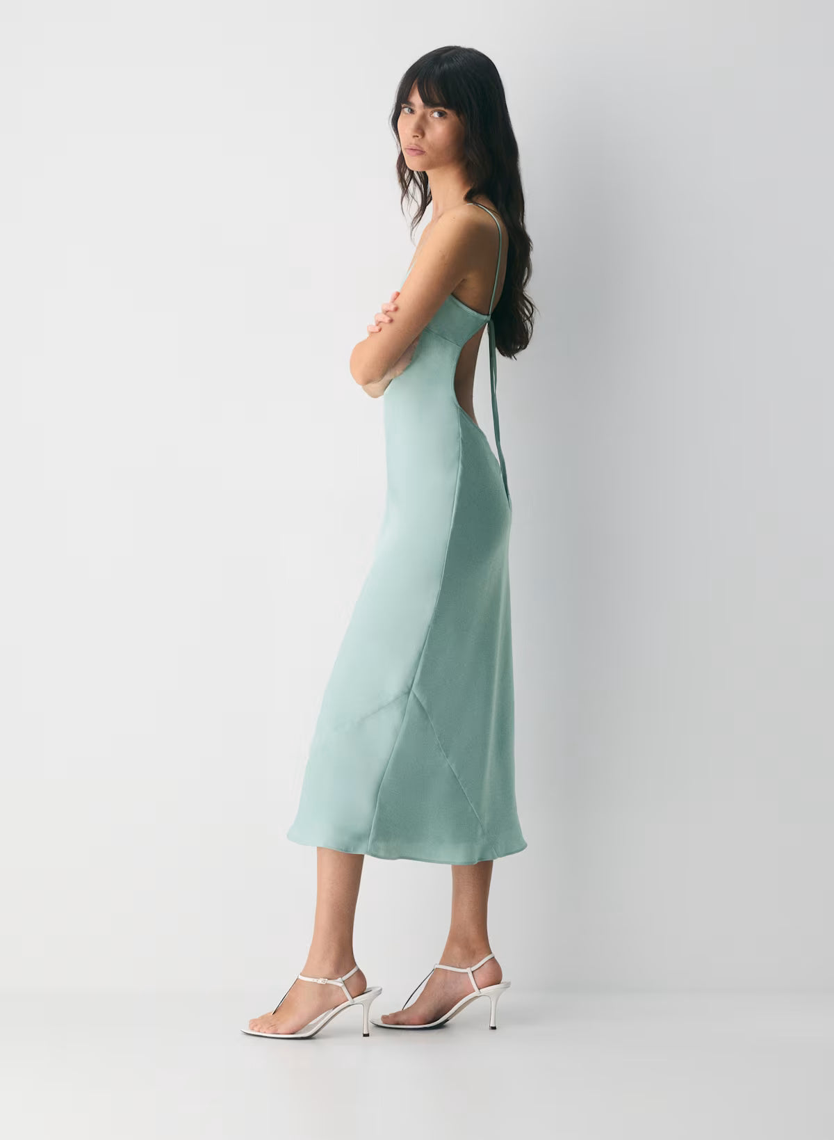 Sage Whisper Lace-Up Midi Dress