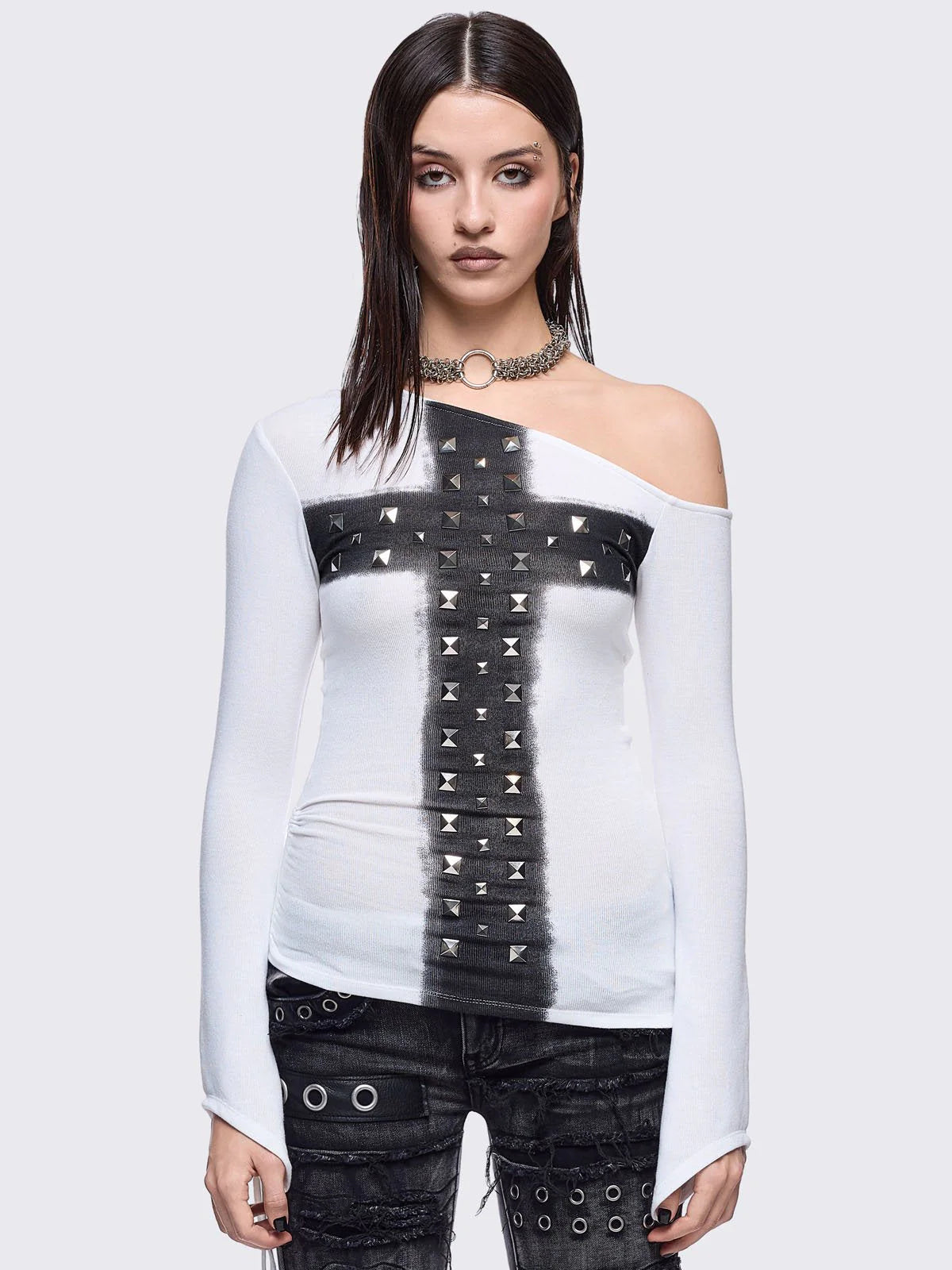 Rhinestone Cross One-Shoulder Long Sleeve Tee