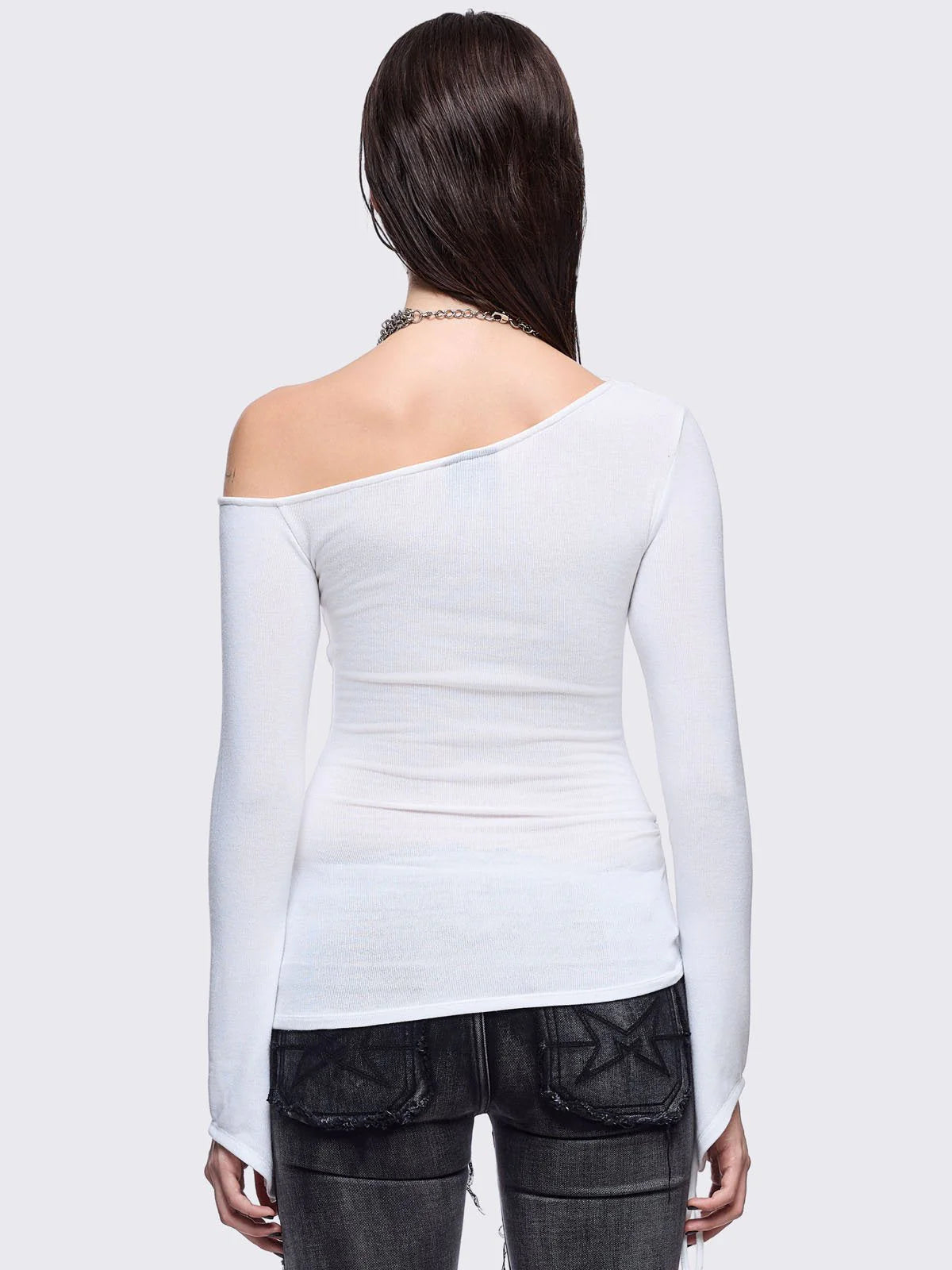 Rhinestone Cross One-Shoulder Long Sleeve Tee