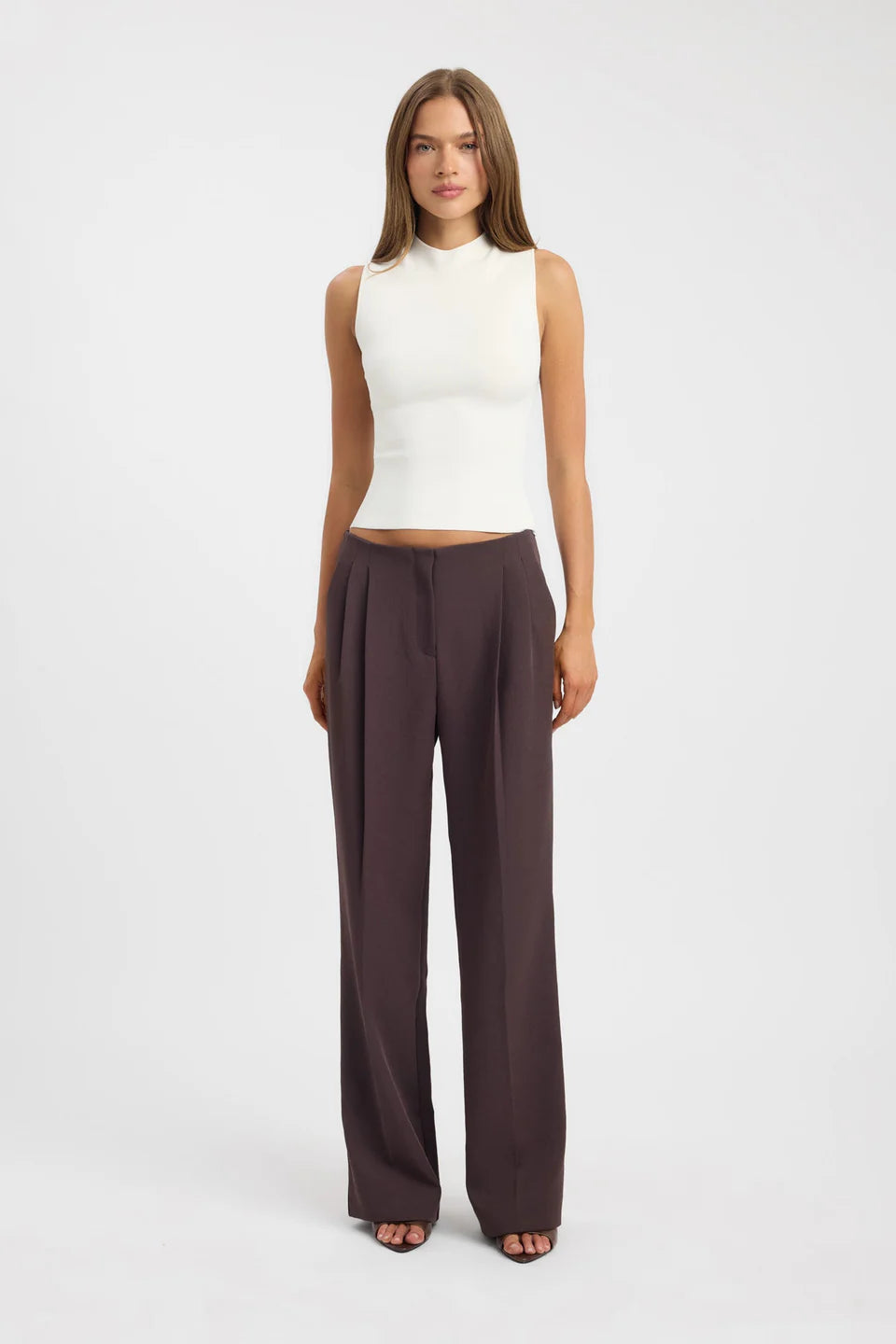 Brown Pleated Wide-Leg Trousers