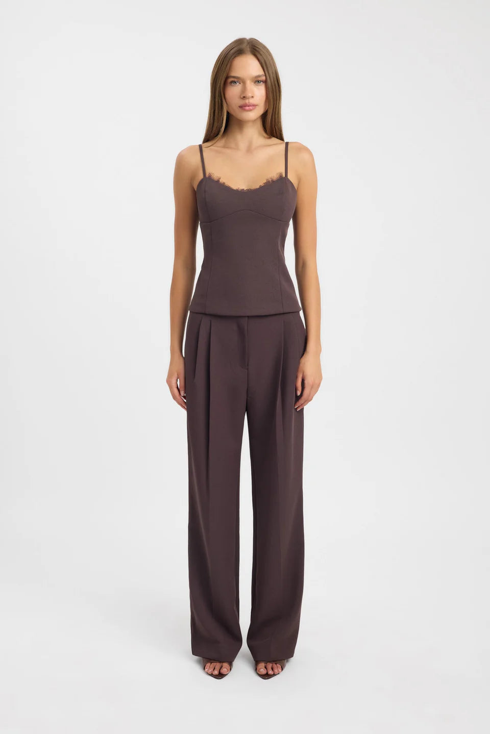 Brown Pleated Wide-Leg Trousers