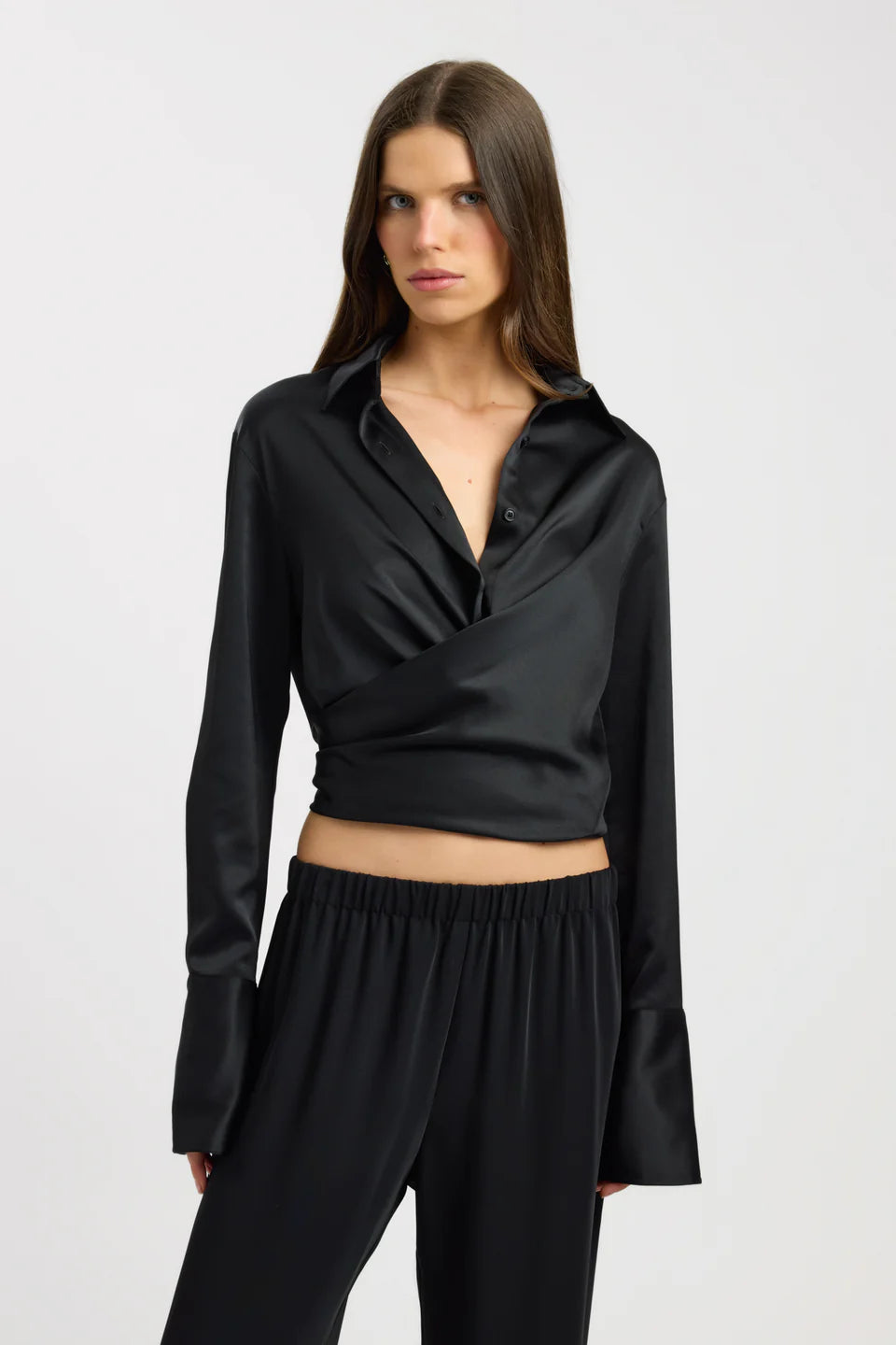 Noir Tie-Waist Satin Blouse