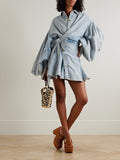 Gathered Denim Mini Wrap Dress