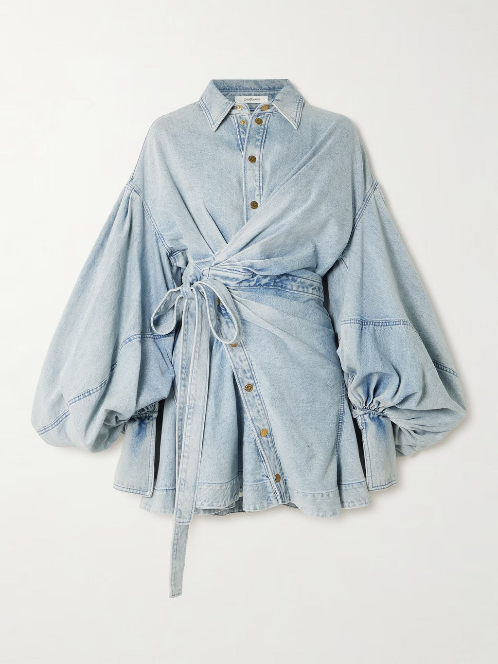 Gathered Denim Mini Wrap Dress