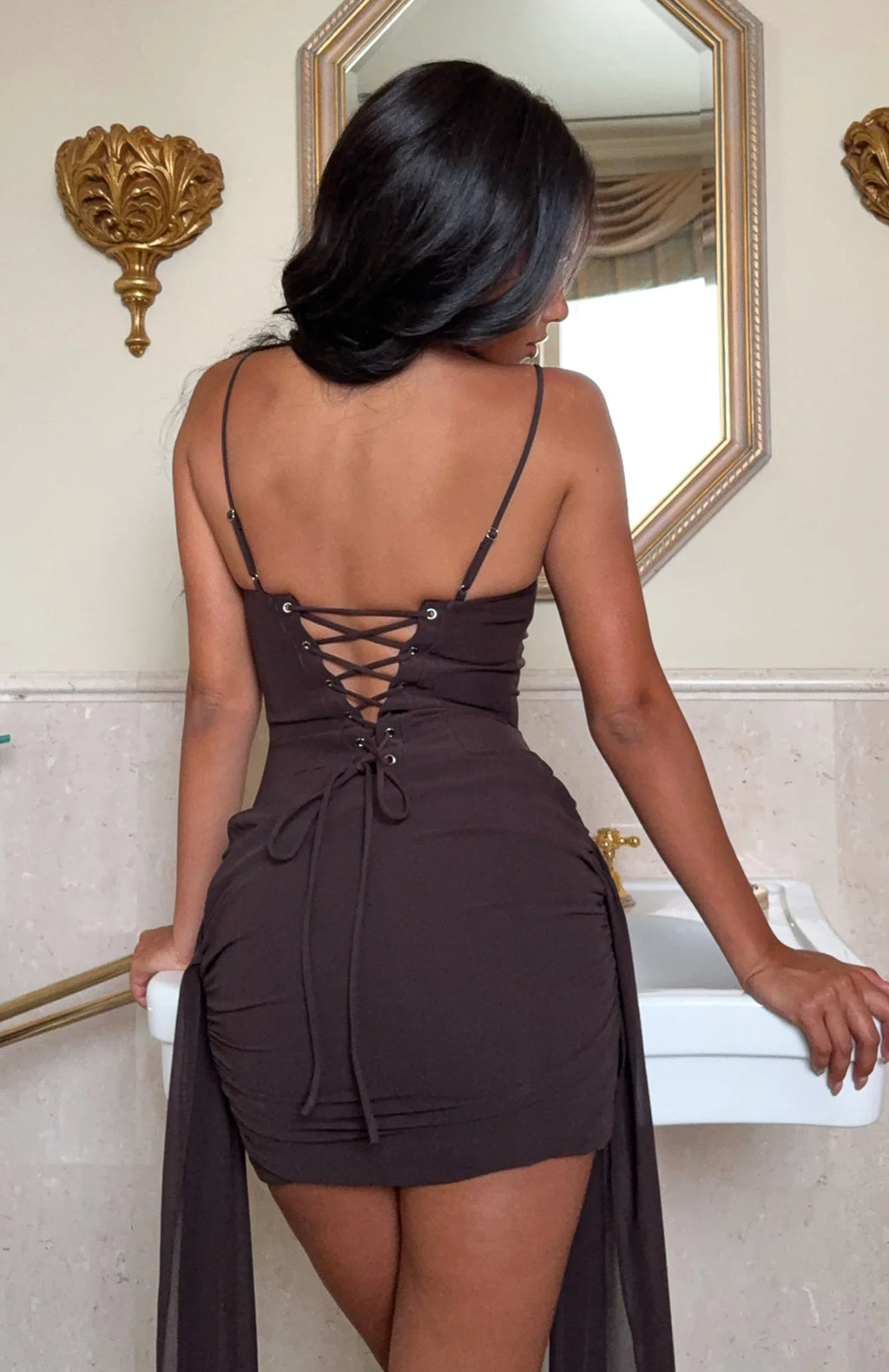 Mocha Bloom Lace-Up Mini Dress