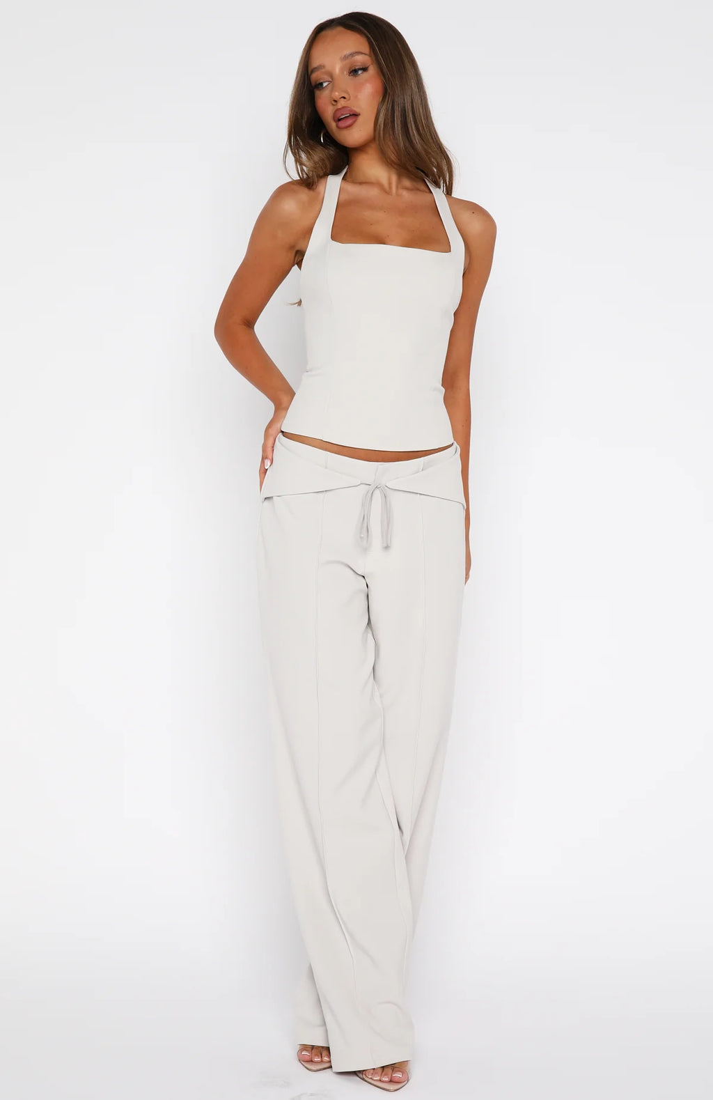 Ivory Tie-Waist Tailored Wide-Leg Pants