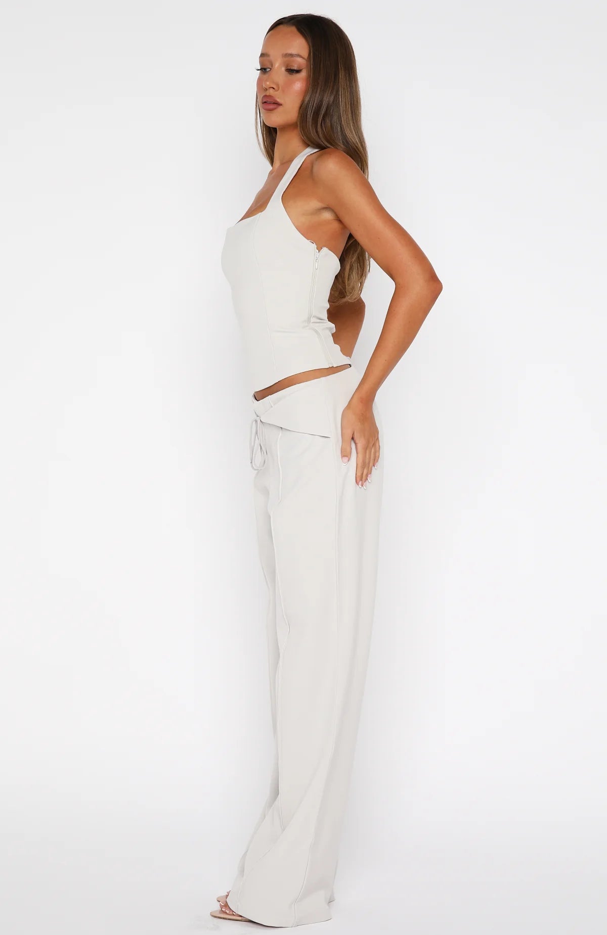 Ivory Tie-Waist Tailored Wide-Leg Pants