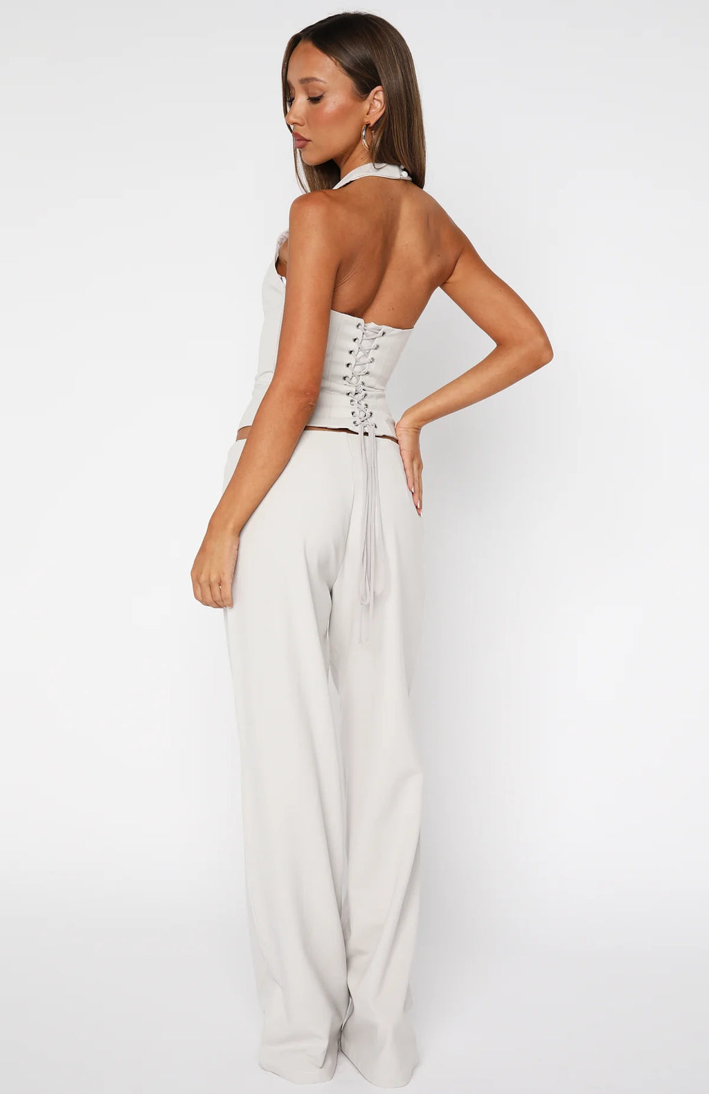Ivory Tie-Waist Tailored Wide-Leg Pants