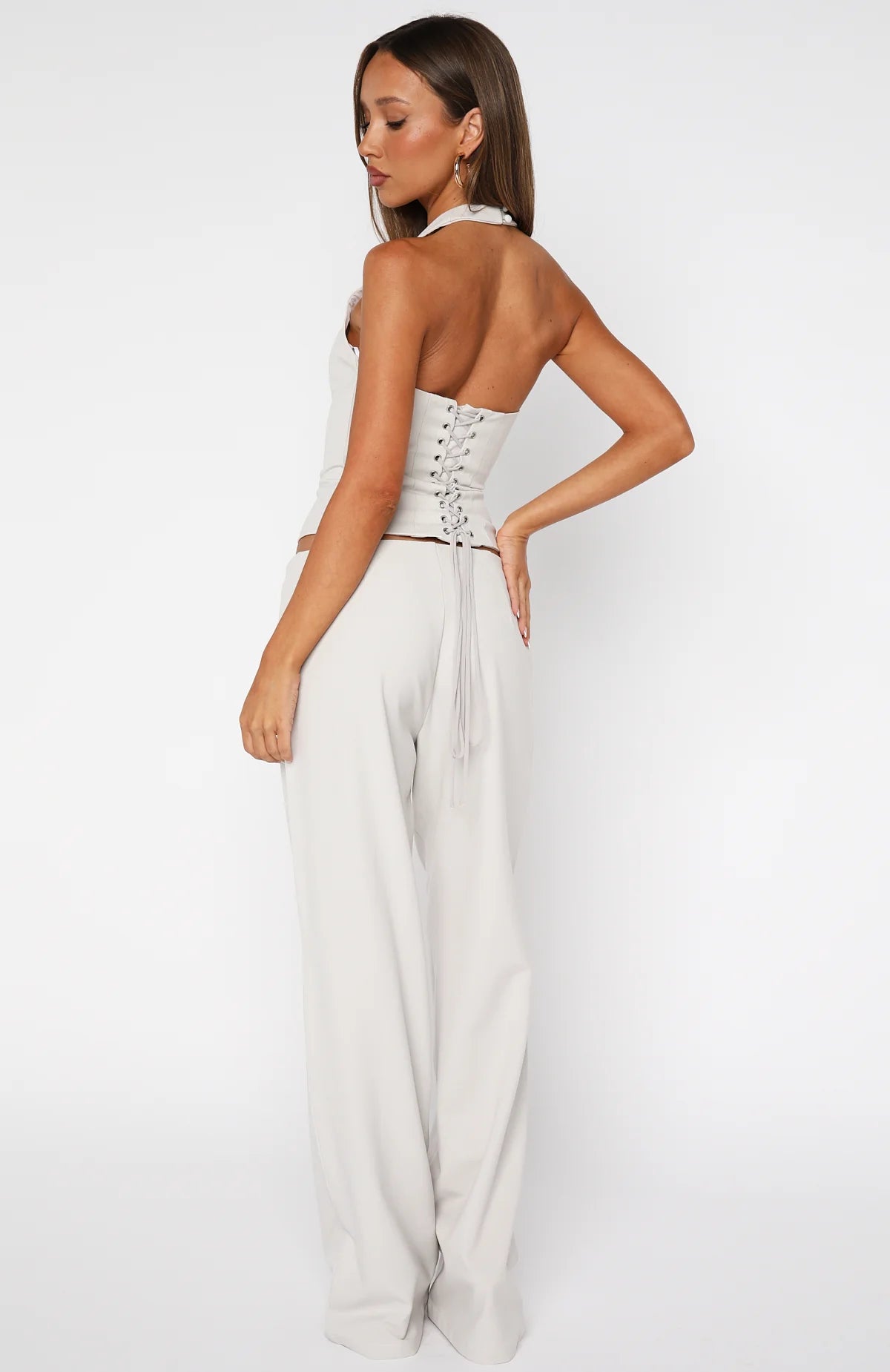 Ivory Tie-Waist Tailored Wide-Leg Pants