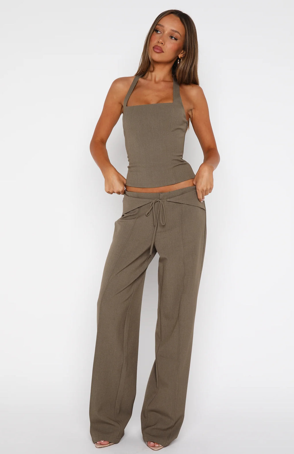 Taupe Tie-Waist Tailored Wide-Leg Pants