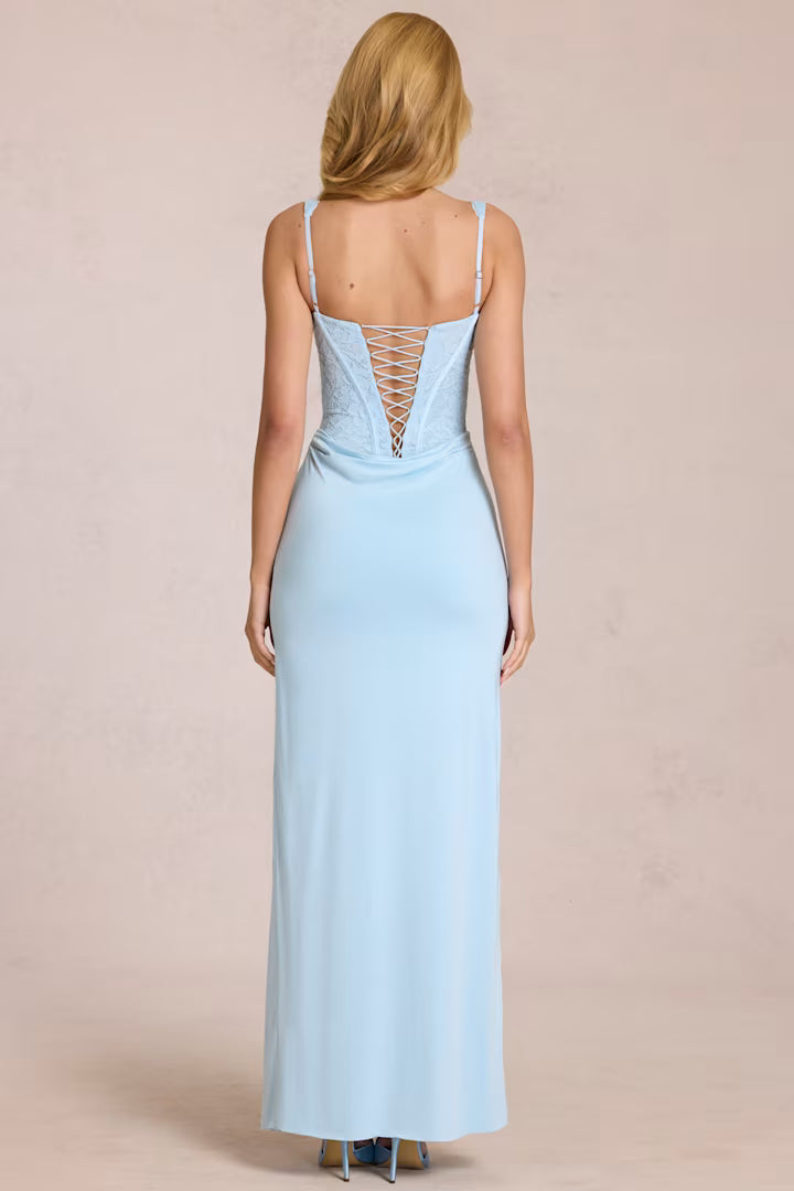 Lace Corset Maxi Dress in Lunar Sky Blue | Moonlit Enigma  GlowEllevia