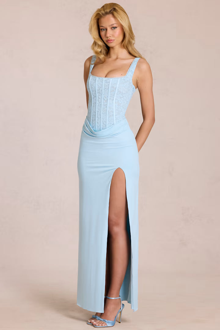 milkmaid corset dress Lace Corset Maxi Dress in Lunar Sky Blue